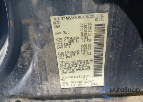 2011 Nissan Armada Platinum z USA, uszkodzony, nr VIN 5N1AA0NE8BN618318